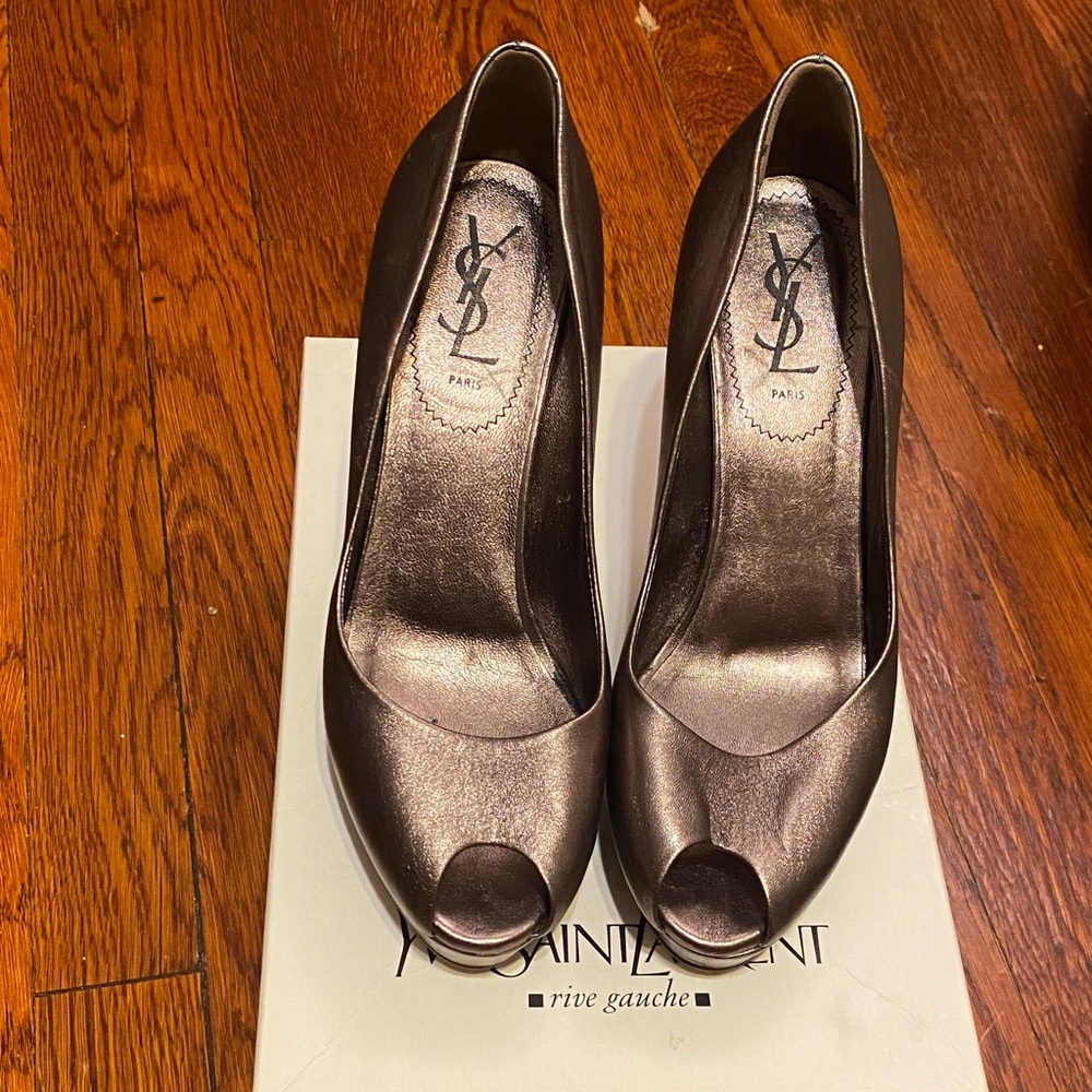 Saint Laurent Metallic Bronze Peep-Toe Pumps